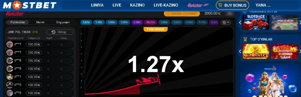 Mostbet o‘yin liniyasi va koeffitsiyentlar ko‘rinishi